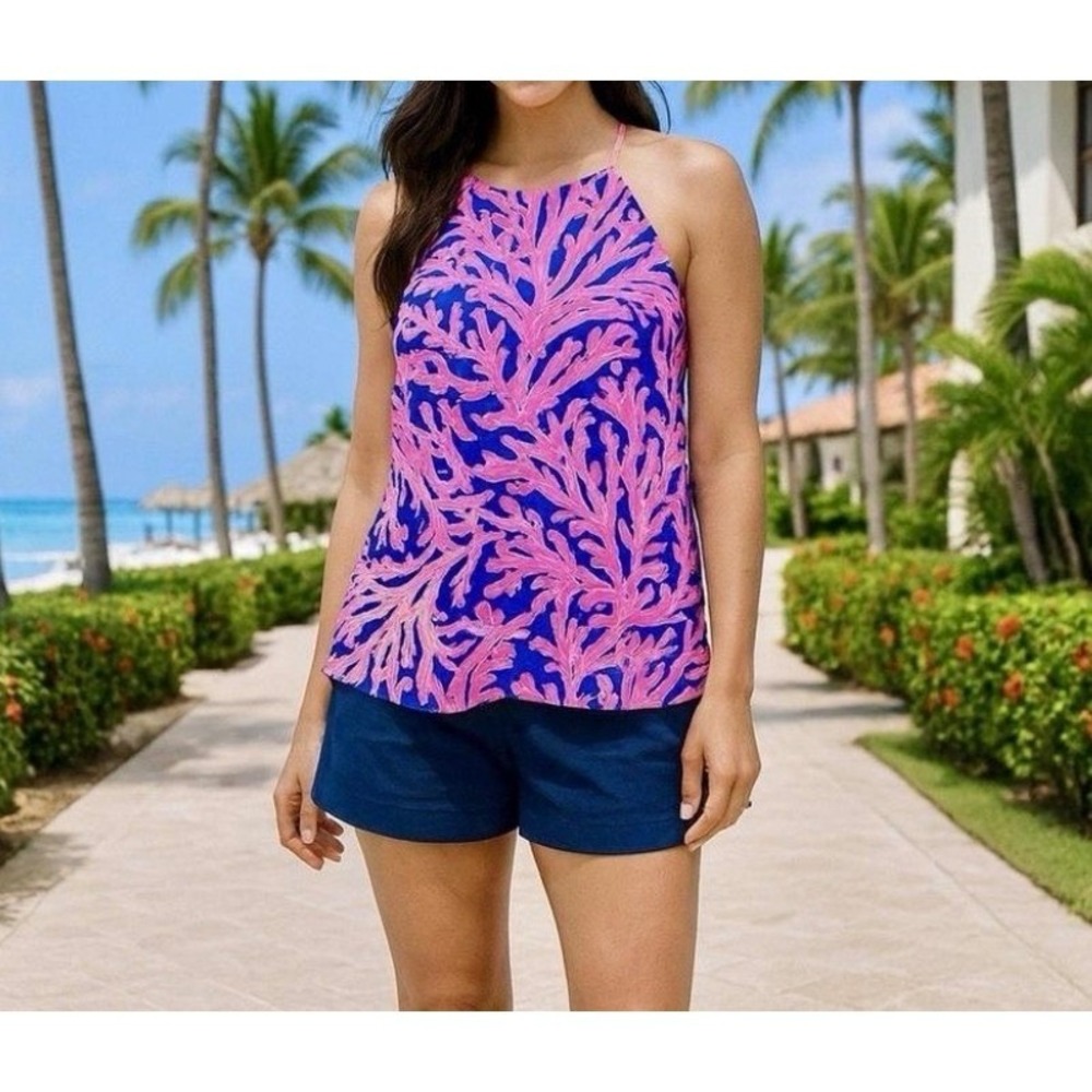 Lilly Pulitzer Did You Catch That Samba Tank Top Size 2XS Pink Blue 100% Silk